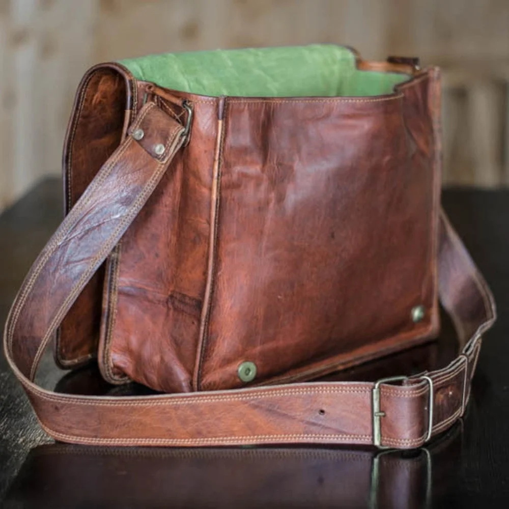 Leather Messenger Laptop Bag - Brown